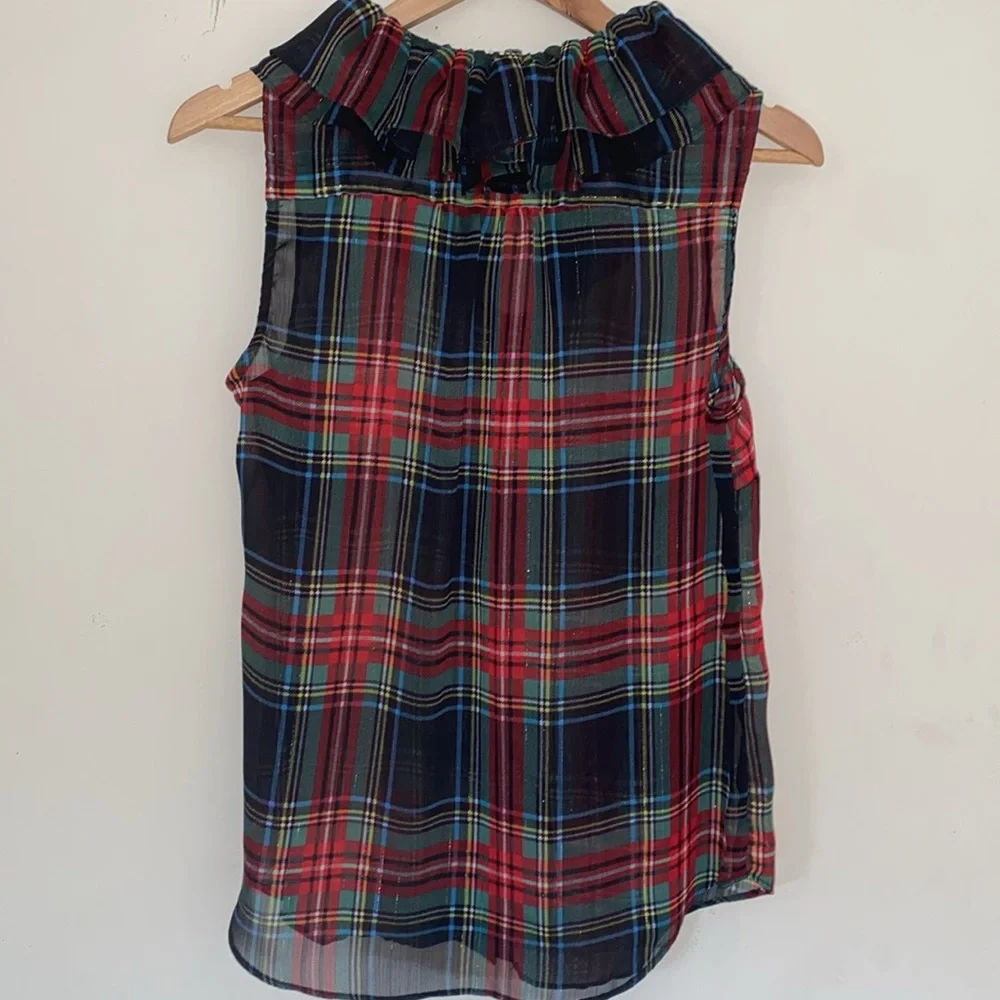 J Crew Ruffle Collar sleeveless button up sheer Stewart Plaid blouse Sz S NWT